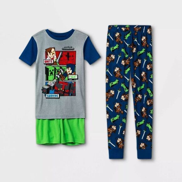 Boys Minecraft 3pc Pajama Set Blue Green Size 8 NEW - Picture 3 of 3